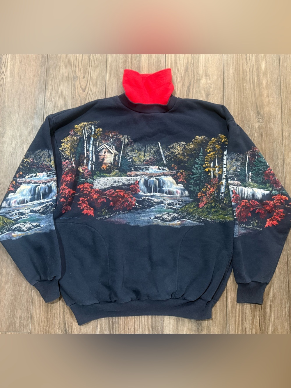 Vintage Northern Reflections Cabin Waterfall Sweatshirt Scenic Print USA Large